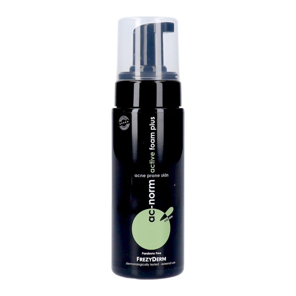 Frezyderm Ac-Norm Active Foam Plus fles met pompdos, achterkant.