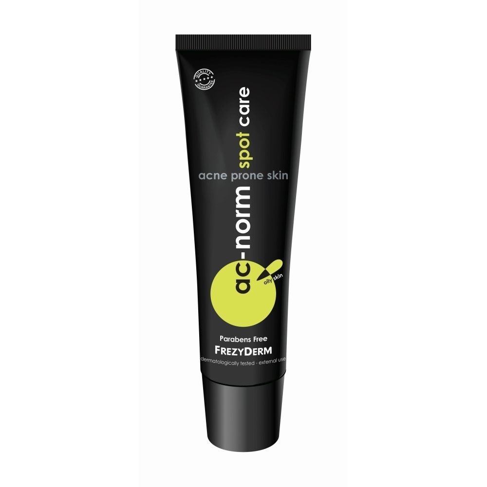 Frezyderm Ac-Norm Spot Care Gel: Tube noir avec cercle jaune et texte.