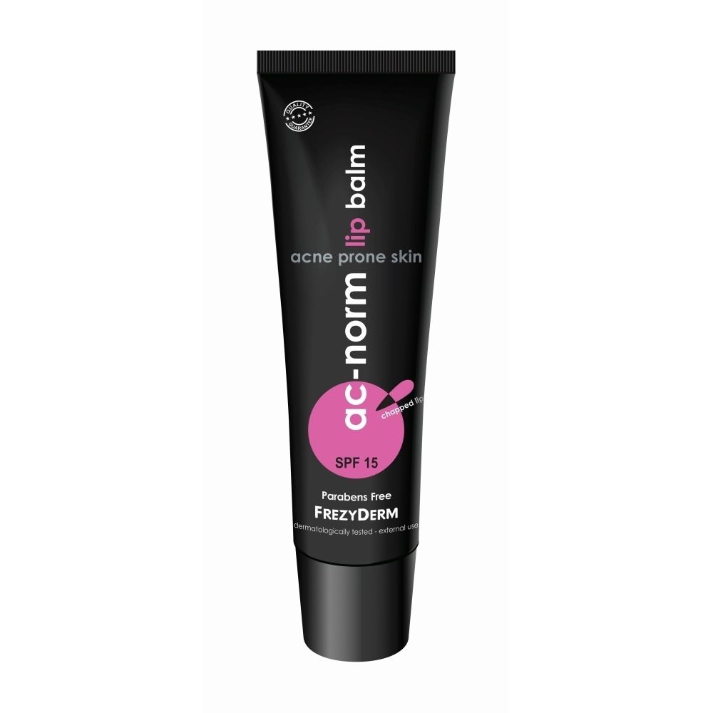 Tube de baume à lèvres Frezyderm Ac-Norm SPF 15 pour peaux à tendance acnéique.
