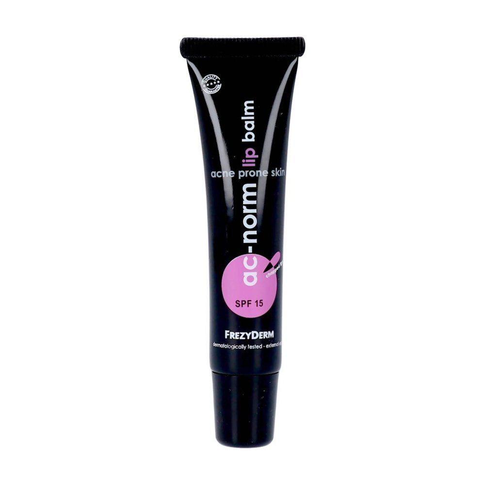 Achterkant van de Frezyderm Ac-Norm lippenbalsem tube met ingrediënten en gebruiksaanwijzing.