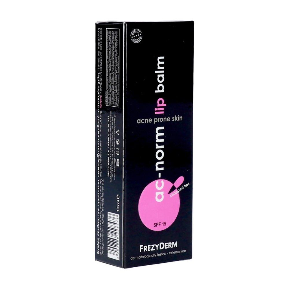 Frezyderm Ac-Norm lippenbalsem doosje, voorkant met productinformatie.