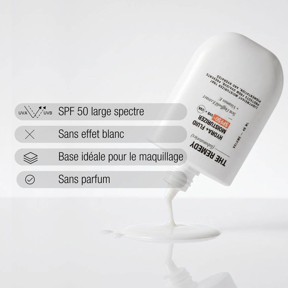 Hydra+ Fluid Moisturizer SPF50, montre "Sans effet blanc" et "Base idéale pour le maquillage".