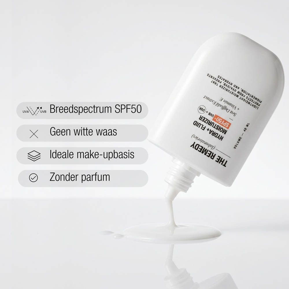 Hydra+ Fluid Moisturizer SPF50, toont 'Geen witte waas' en 'Ideale make-up basis'.
