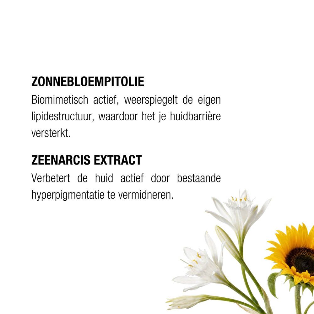 Hydra+ Fluid Moisturizer SPF50, toont 'Zonnebloemolie' en 'Zeenarcis extract'.
