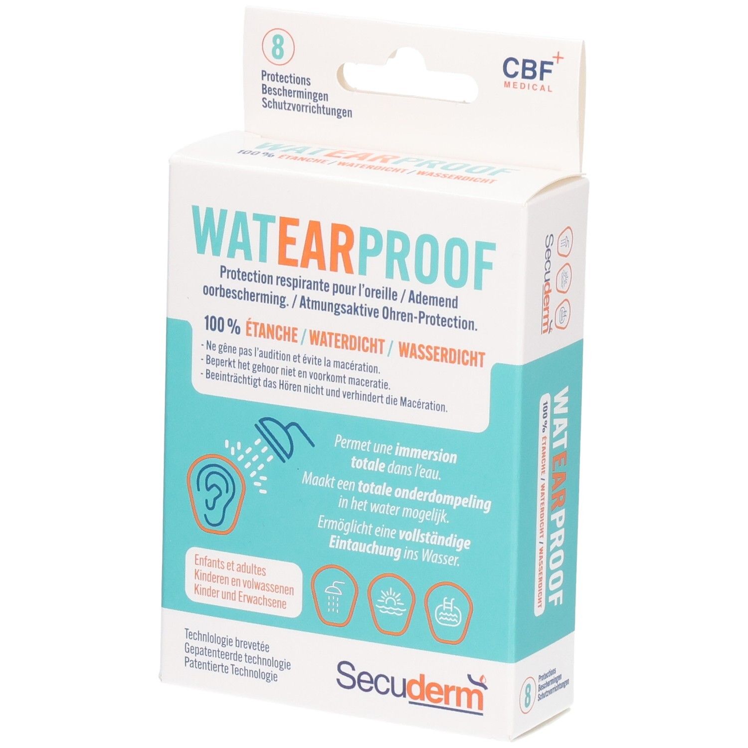Boîte de protections auditives WATEARPROOF. Contient 8 pièces. Inscription: 100% ETANCHE/WATERDICHT. Marque: Secuderm. Logo CBF+ Medical.