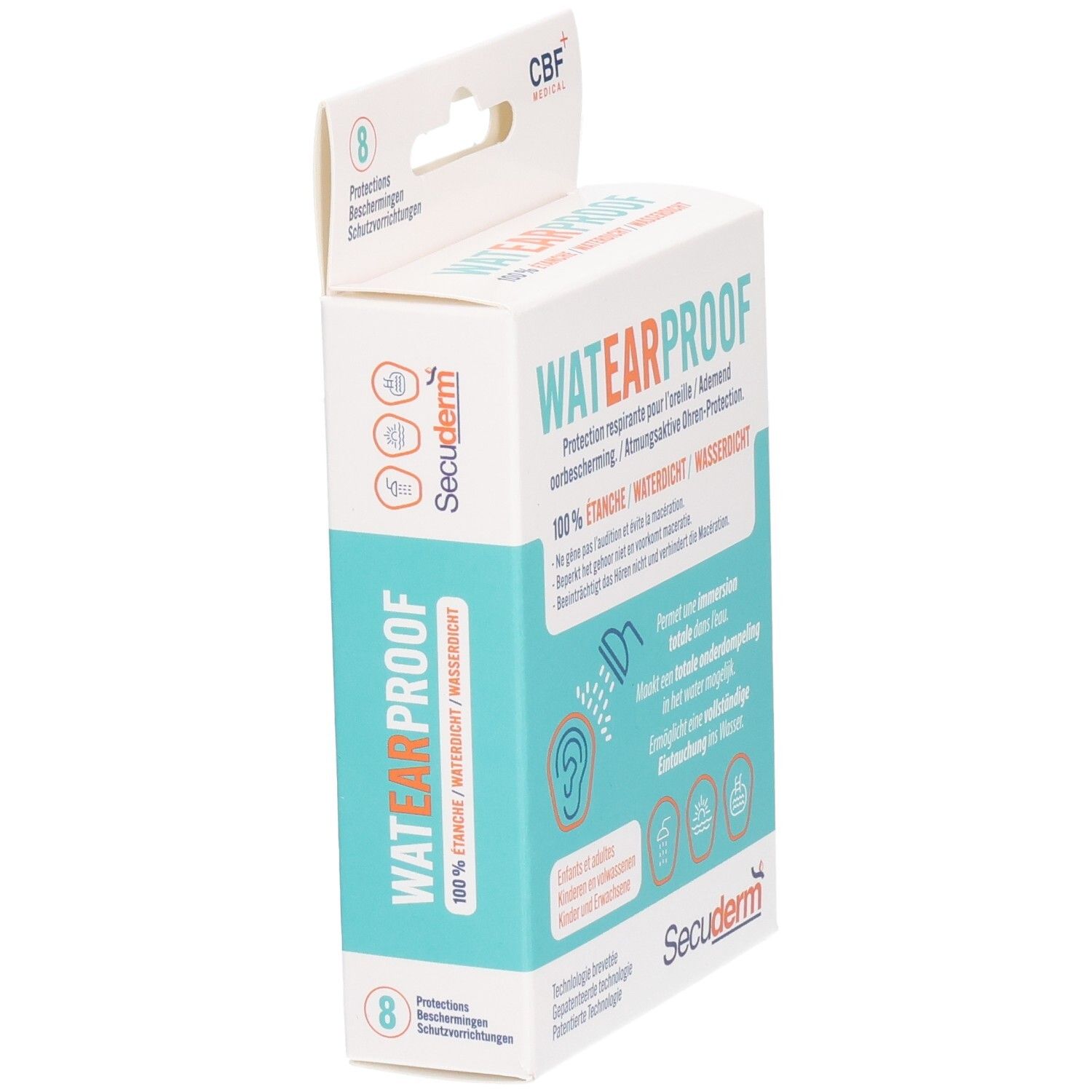 Boîte de protections auditives WATEARPROOF. Contient 8 pièces. Inscription: 100% ETANCHE/WATERDICHT. Marque: Secuderm. Logo CBF+ Medical.