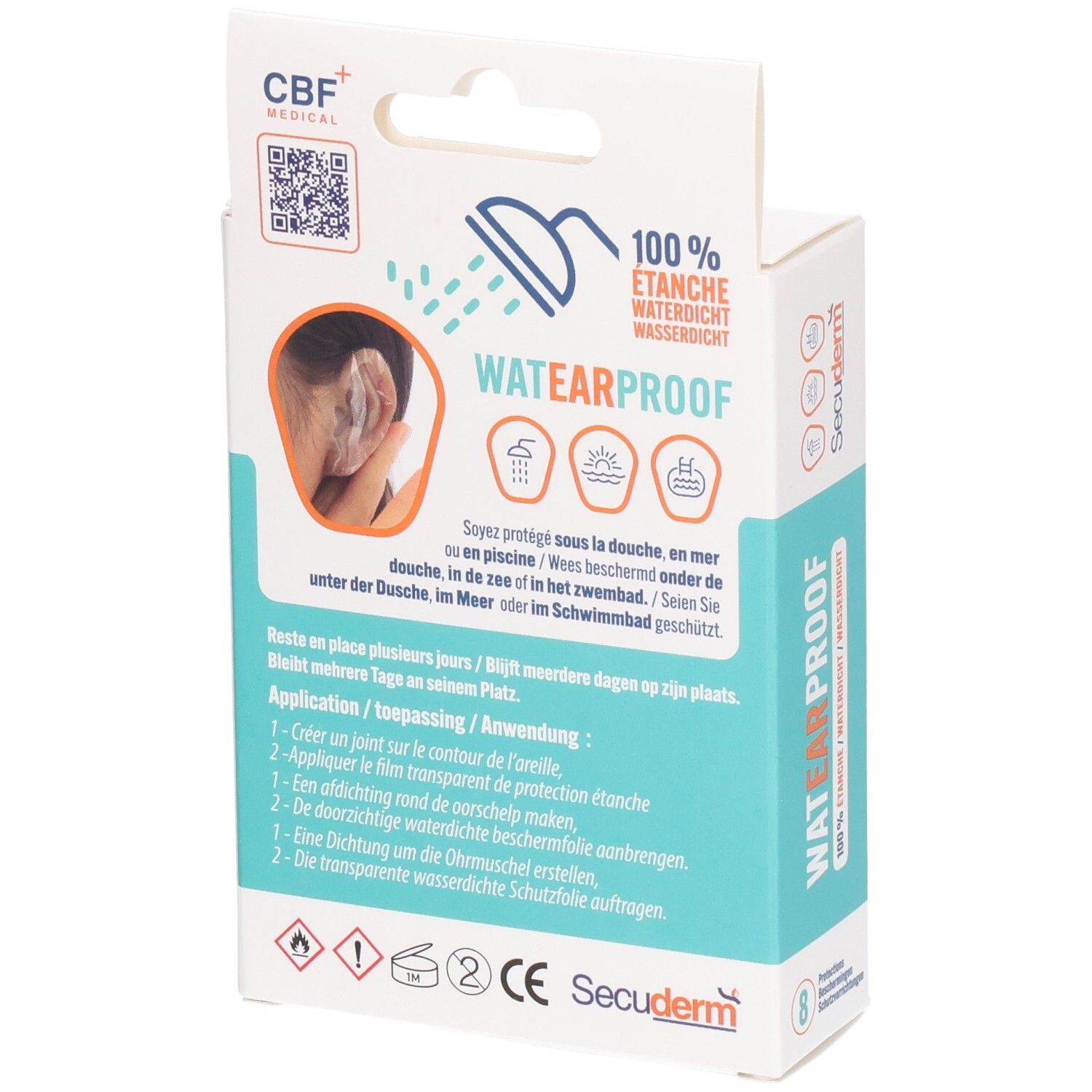 Boîte de protections auditives WATEARPROOF. Inscription: 100% ETANCHE/WATERDICHT. Marque: Secuderm. Logo CBF+ Medical. Marquage CE.