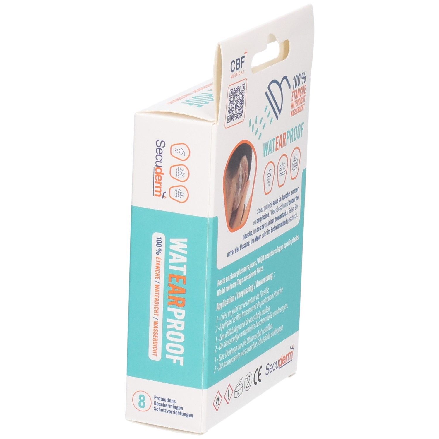 Boîte de protections auditives WATEARPROOF. Contient 8 pièces. Inscription: 100% ETANCHE/WATERDICHT. Marque: Secuderm. Logo CBF+ Medical.
