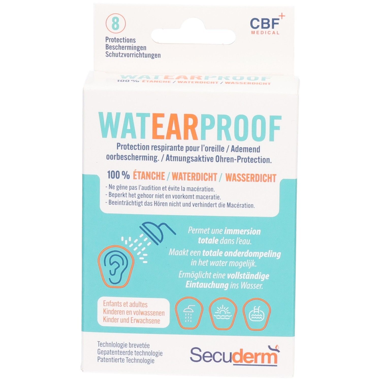 Boîte de protections auditives WATEARPROOF. Contient 8 pièces. Inscription: 100% ETANCHE/WATERDICHT. Marque: Secuderm. Logo CBF+ Medical.