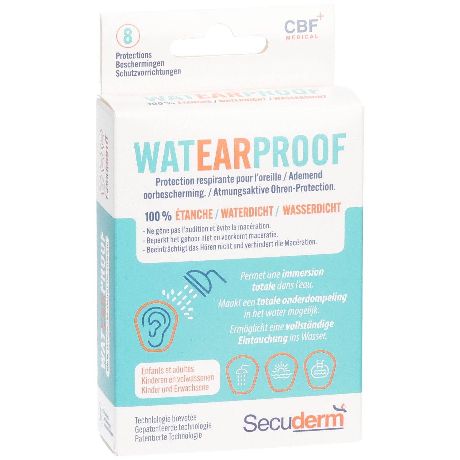Boîte de protections auditives WATEARPROOF. Contient 8 pièces. Inscription: 100% ETANCHE/WATERDICHT. Marque: Secuderm. Logo CBF+ Medical.