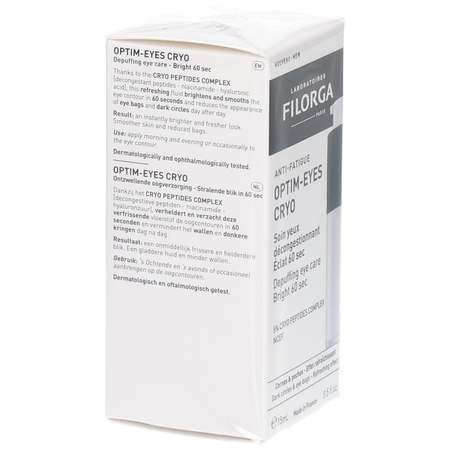 Achterkant van de Filorga Optim-Eyes Cryo verpakking met gebruiksinstructies en ingrediënten.