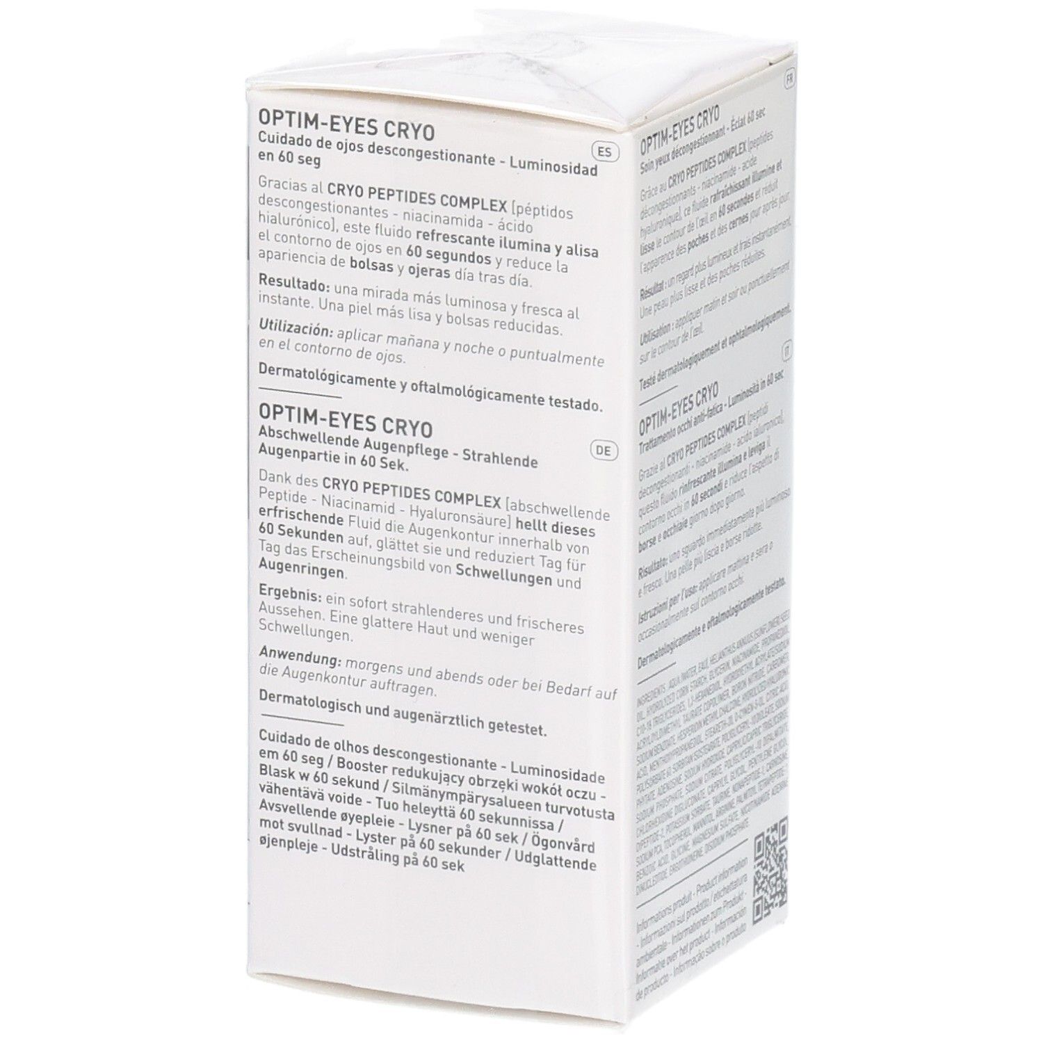 Filorga Optim-Eyes Cryo verpakking, voorkant met productnaam en afbeelding van de applicator.