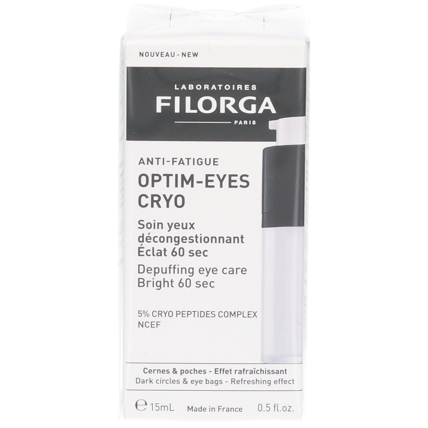 Filorga Optim-Eyes Cryo oogverzorgingsverpakking, voorkant met productnaam en applicator.