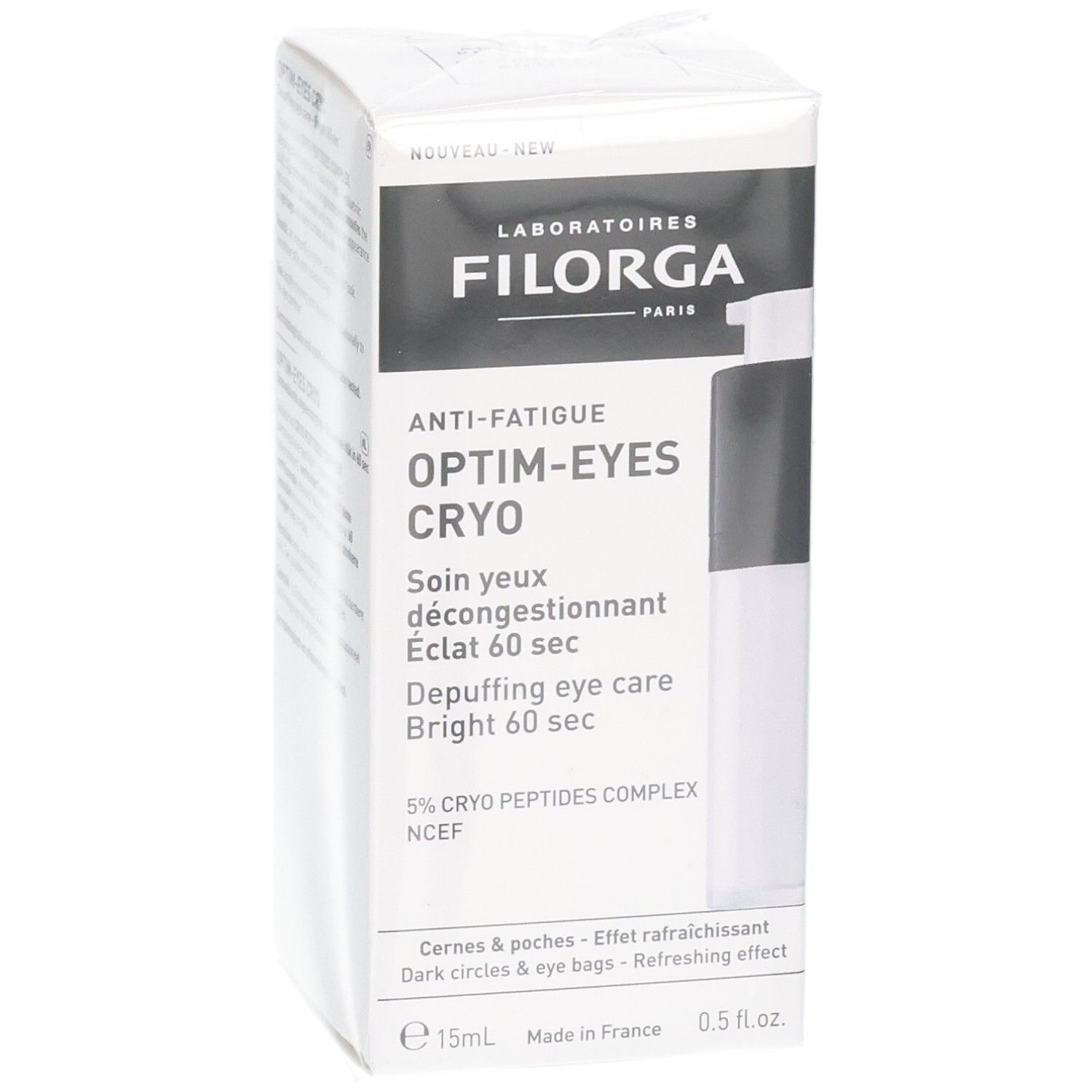 Filorga Optim-Eyes Cryo oogverzorgingsverpakking, voorkant met productnaam en applicator.