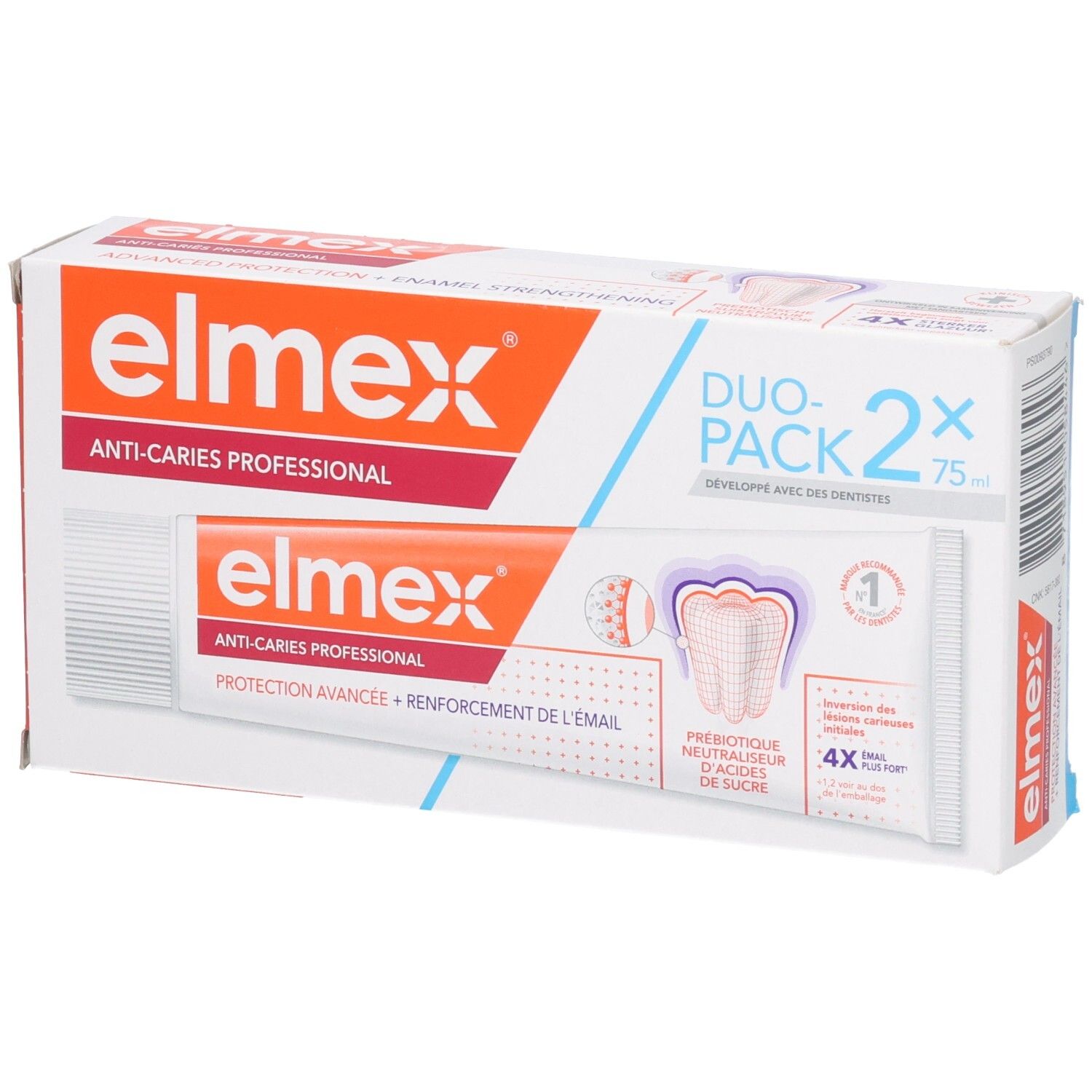 Duo-verpakking elmex Anti-Caries Professional tandpasta. Bevat twee tubes. Verpakking met productafbeelding en tekst.