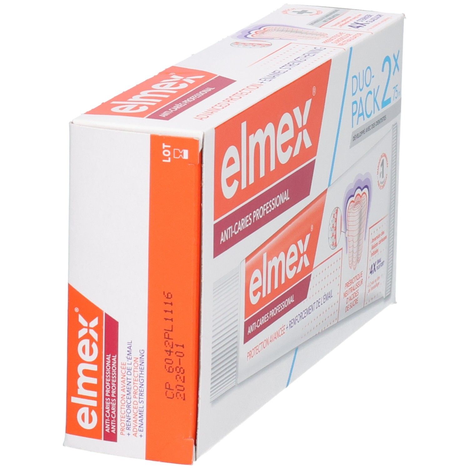 Duo-verpakking elmex tandpasta. Zijaanzicht van de verpakking. Tekst: Anti-Caries Professional, Enamel Strengthening.