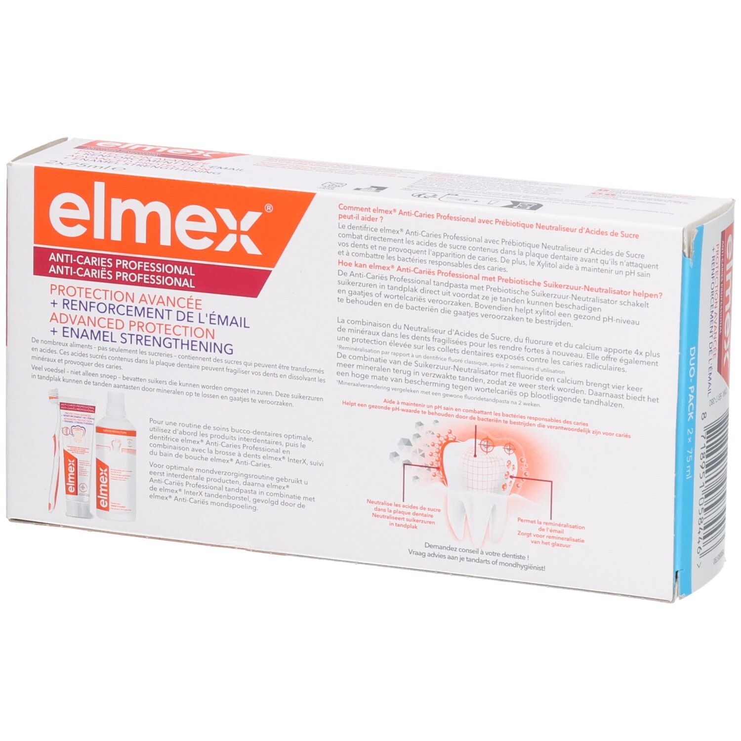 Achterkant van de elmex Anti-Caries Professional duo-verpakking. Tekst en illustraties. Duo-verpakking met 2 tubes.