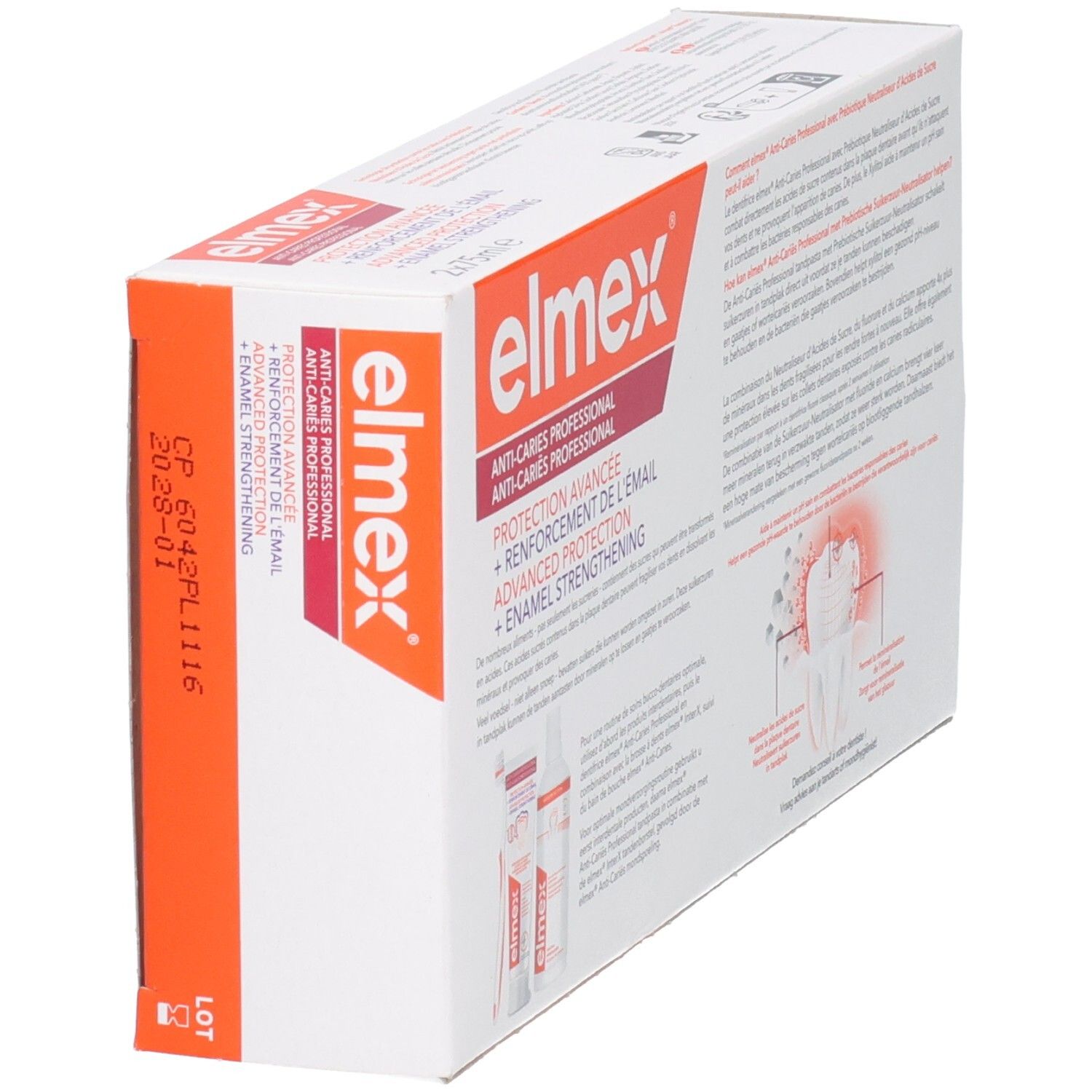 Schuine weergave van de elmex Anti-Caries Professional duo-verpakking. Tekst: Advanced Protection, Enamel Strengthening.
