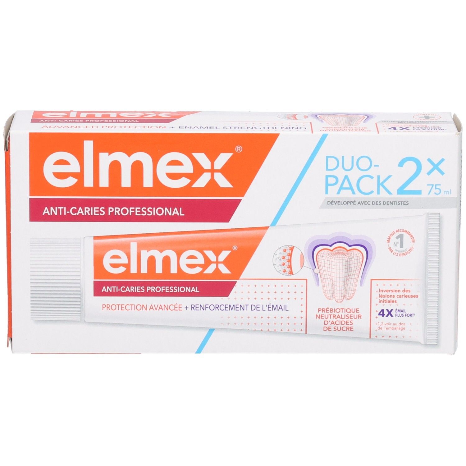 elmex Anti-Caries Professional duo-verpakking. Twee tubes in een verpakking. Tekst: Anti-Caries Professional, Duo-Pack 2x75ml.