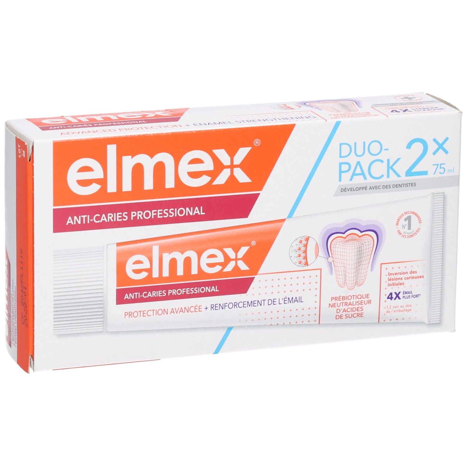 elmex Anti-Caries Professional duo-verpakking. Twee tubes in een verpakking. Tekst: Duo-Pack 2x75ml, illustraties.