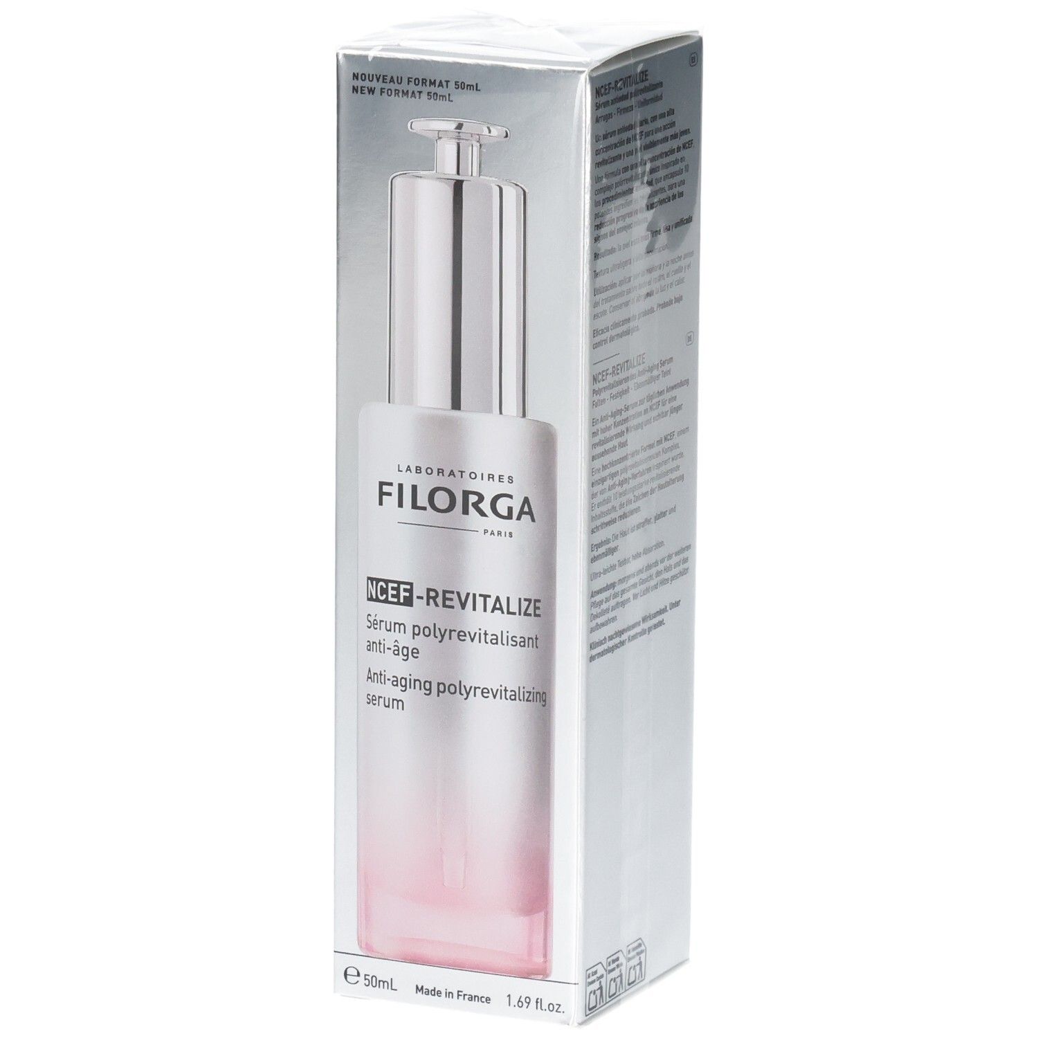 Filorga NCEF-REVITALIZE Serum in zilveren verpakking met roze verloop.