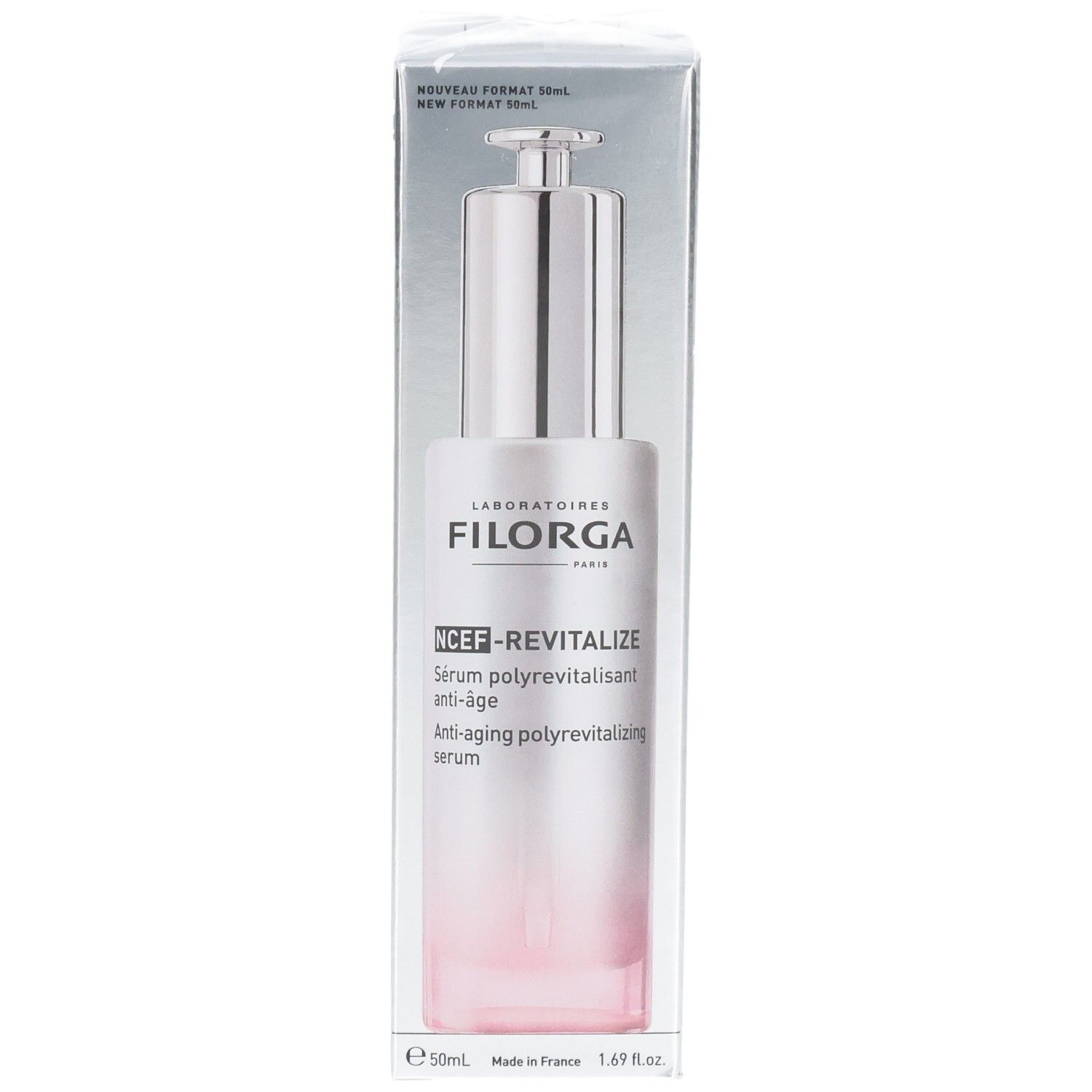 Filorga NCEF-REVITALIZE Serum in zilveren verpakking met roze verloop.