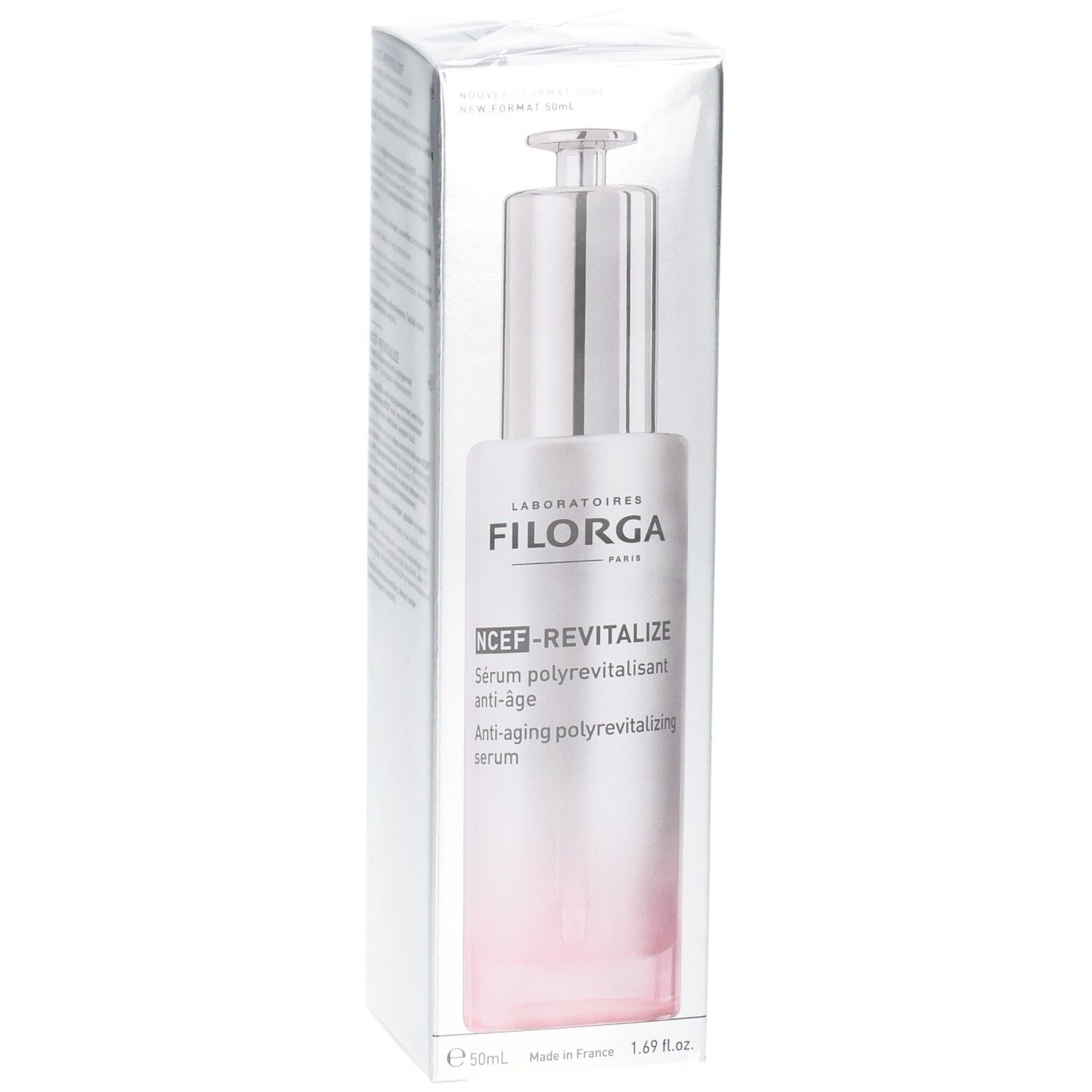 Filorga NCEF-REVITALIZE Serum in zilveren verpakking met roze verloop.