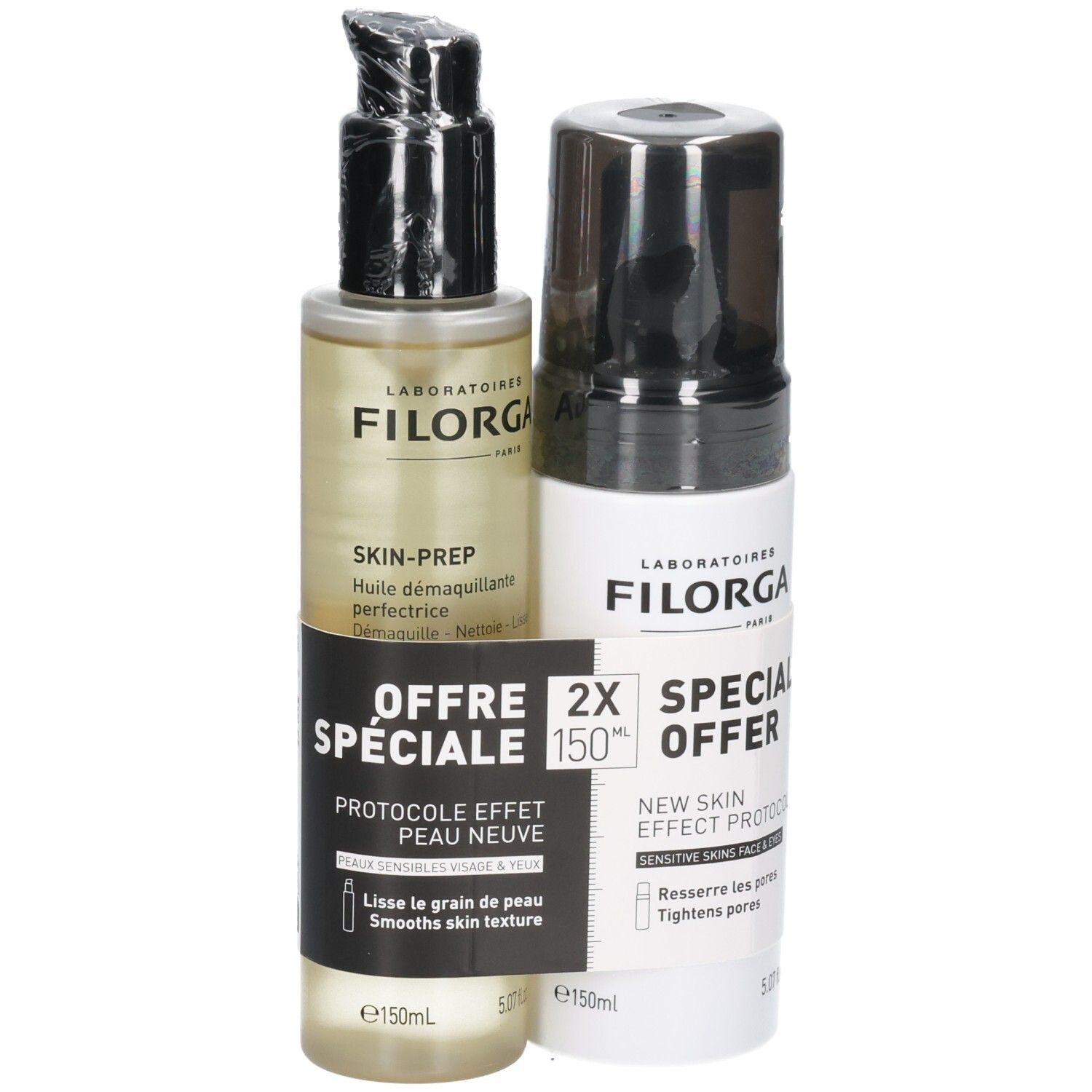 Twee Filorga producten: reinigingsolie en enzymatische reinigingsschuim in speciale aanbieding.