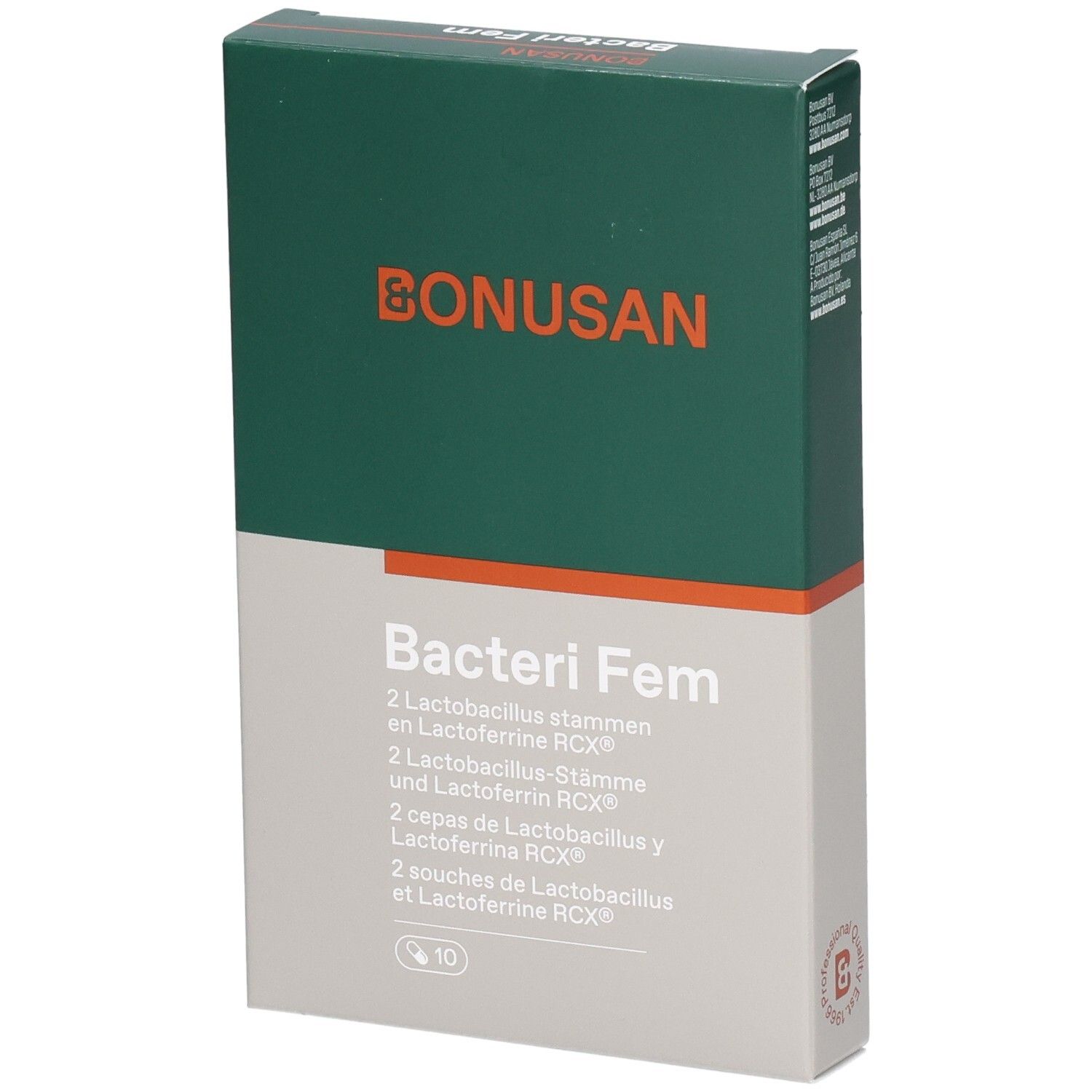 Bonusan Bacteri Fem verpakking. Groen-witte doos met productnaam en logo. Bevat 10 stuks.