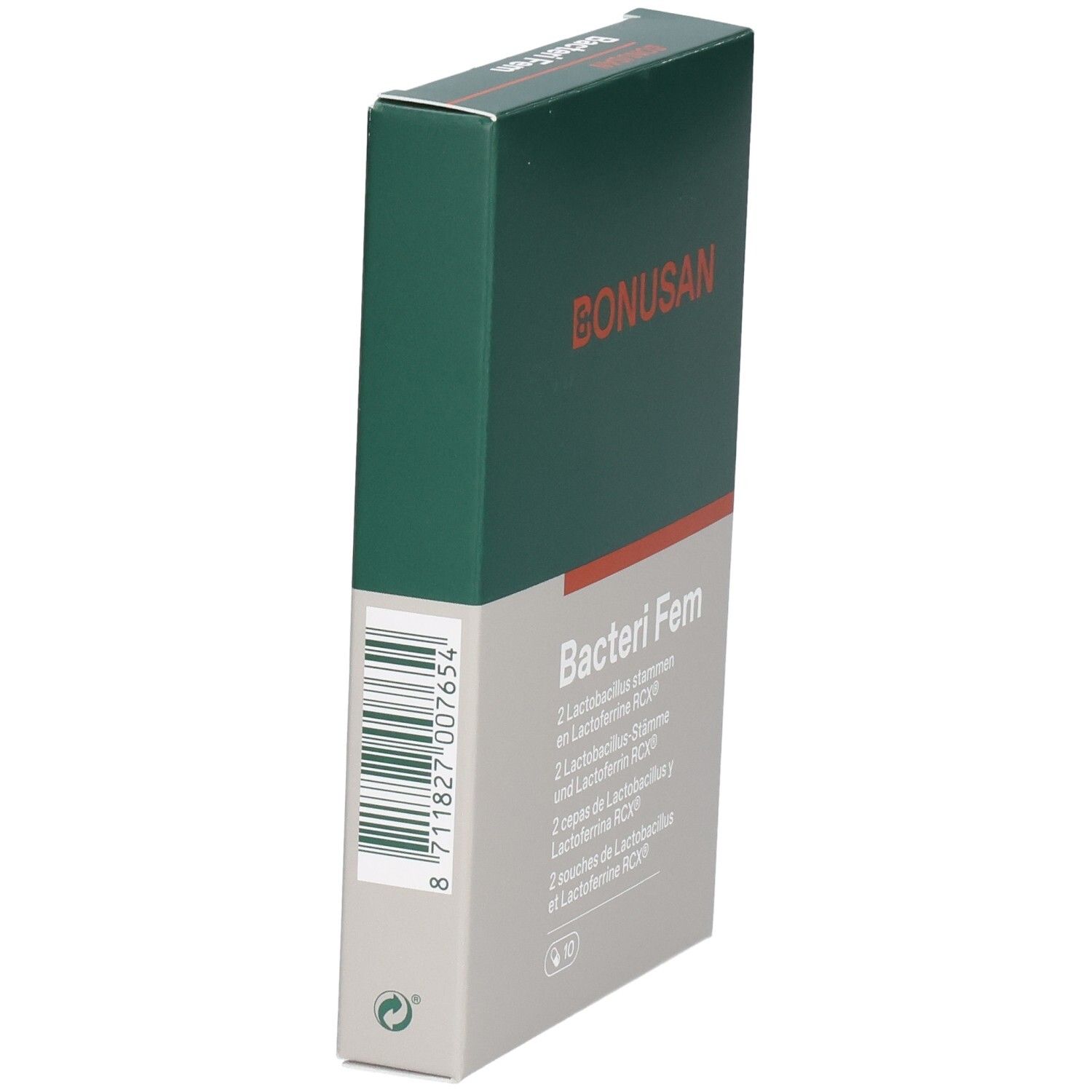 Zijaanzicht van de Bonusan Bacteri Fem verpakking. Groen-witte doos met barcode en productnaam.