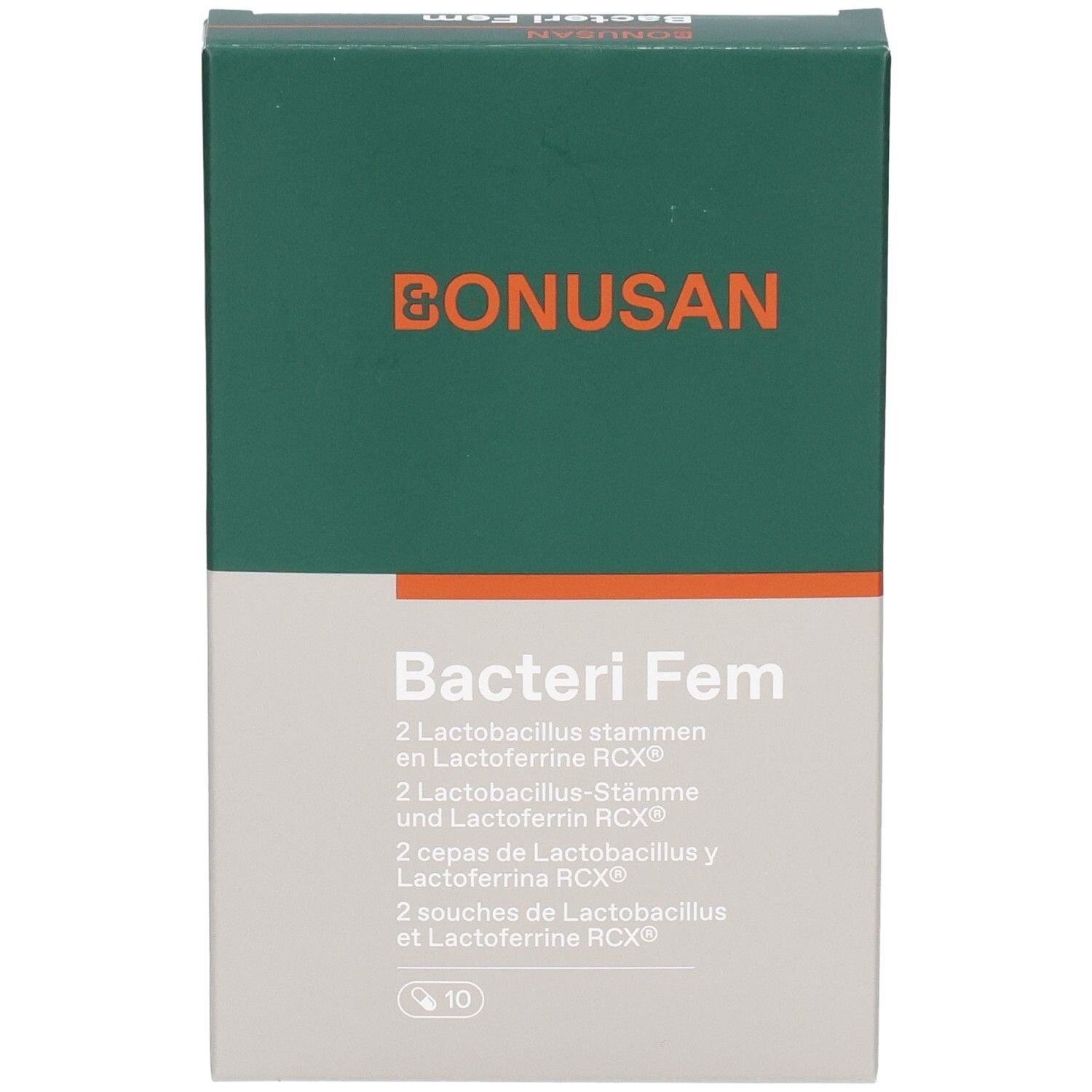 Bonusan Bacteri Fem verpakking. Groen-witte doos met productnaam en logo. Bevat 10 stuks.