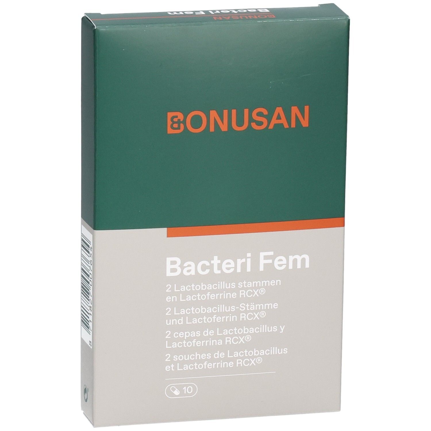 Bonusan Bacteri Fem verpakking. Groen-witte doos met productnaam en logo. Bevat 10 stuks.