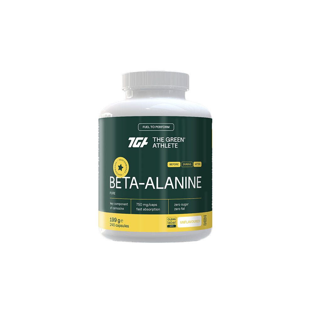 Witte pot met groen etiket: The Green Athlete Bèta-Alanine, "Fuel to Perform", 199 g, 240 capsules.