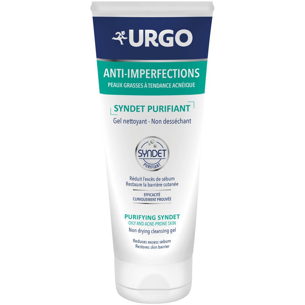 Tube blanc. Haut bleu avec URGO. Vert: ANTI-IMPERFECTIONS. Texte: SYNDET PURIFIANT. Logo: SYNDET PURIFIANT. Gel nettoyant.