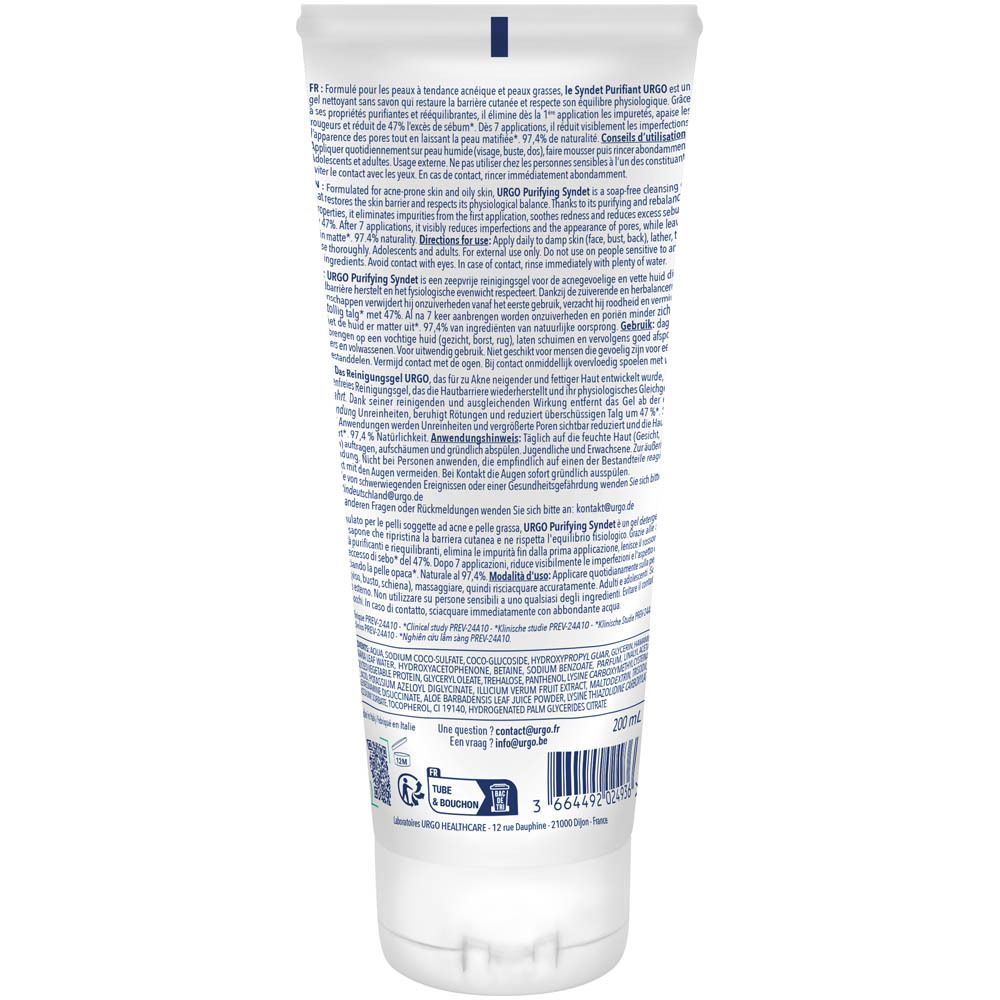 Dos du tube. Texte multilingue. En bas: 200 ml. Code-barres. Logo FSC. Logo Triman.