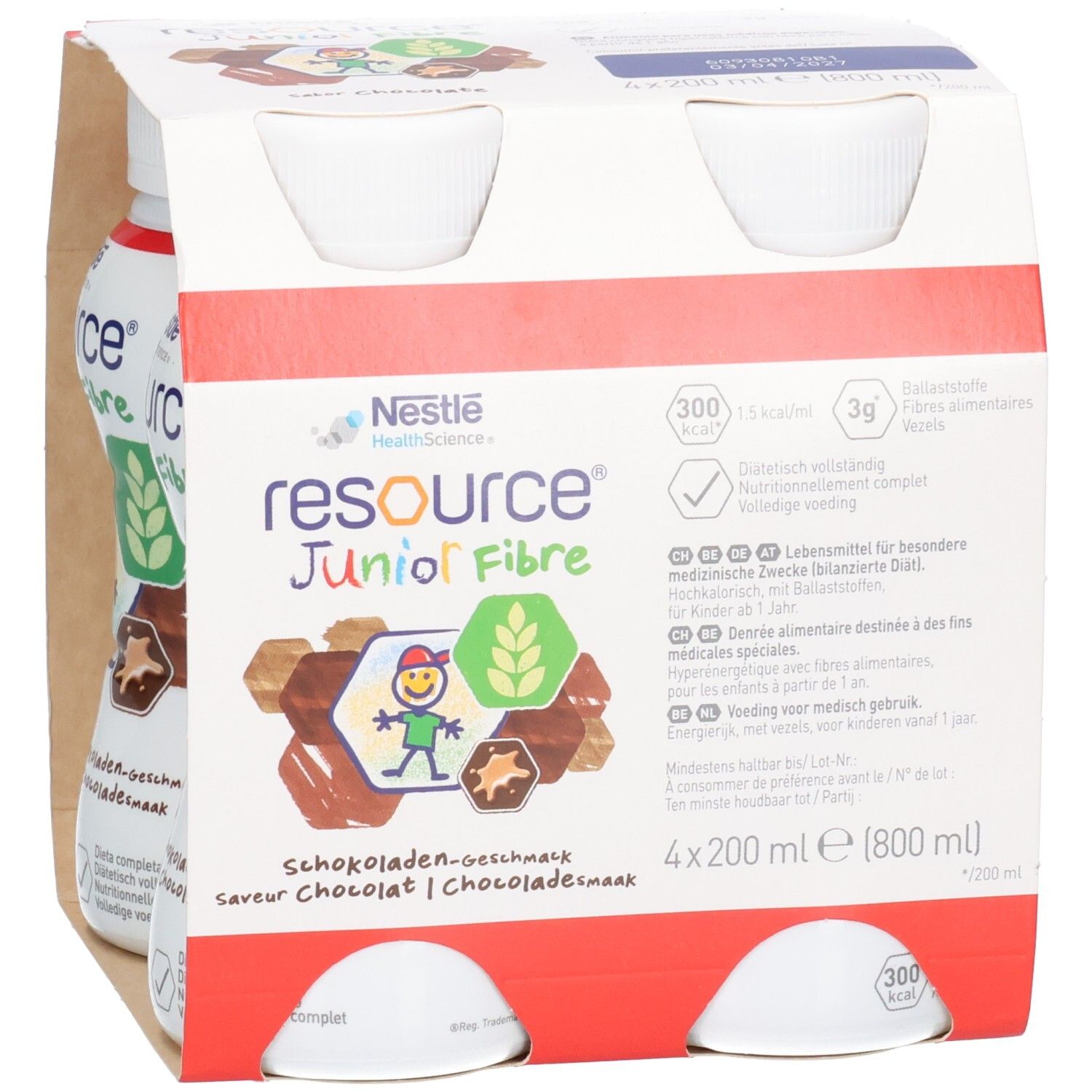Nestlé Resource Junior Fibre saveur Chocolat, 4 bouteilles de 200ml.
