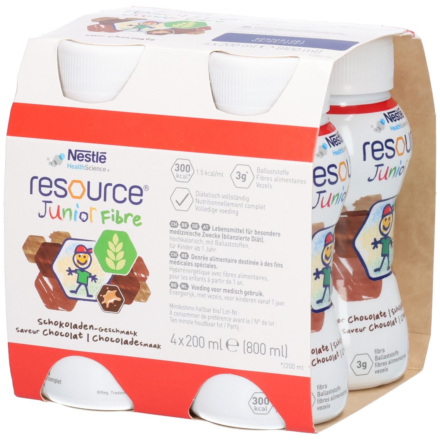 Nestlé Resource Junior Fibre saveur Chocolat, 4 bouteilles de 200ml.
