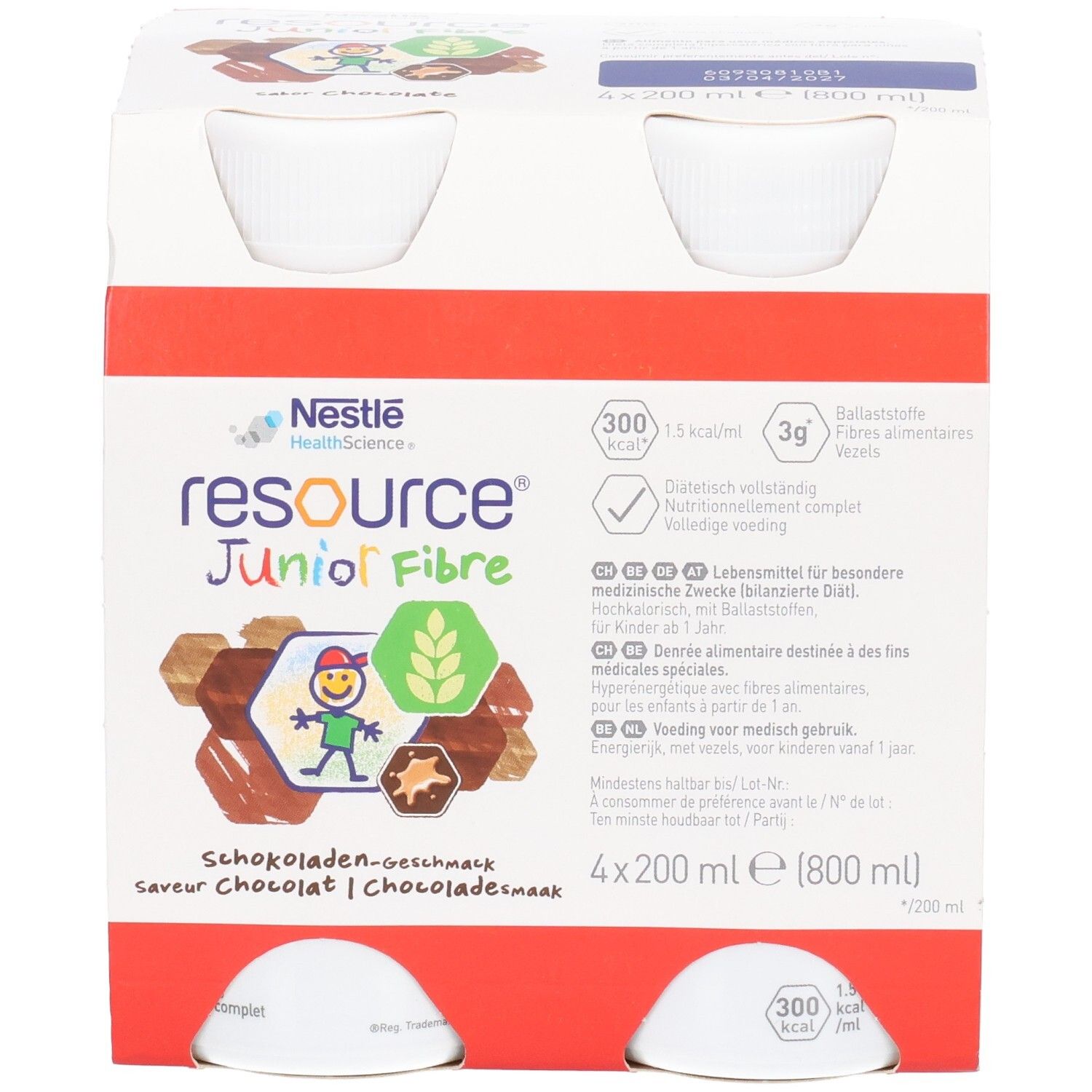Nestlé Resource Junior Fibre saveur Chocolat, 4 bouteilles de 200ml.