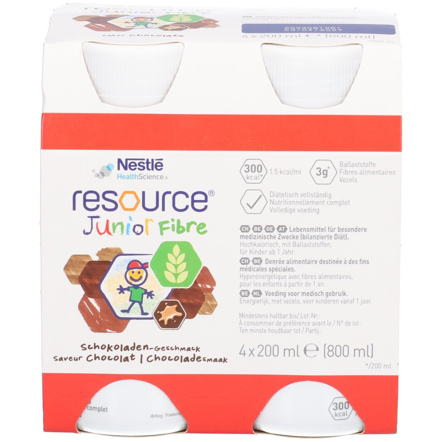 Nestlé Resource Junior Fibre saveur Chocolat, 4 bouteilles de 200ml.