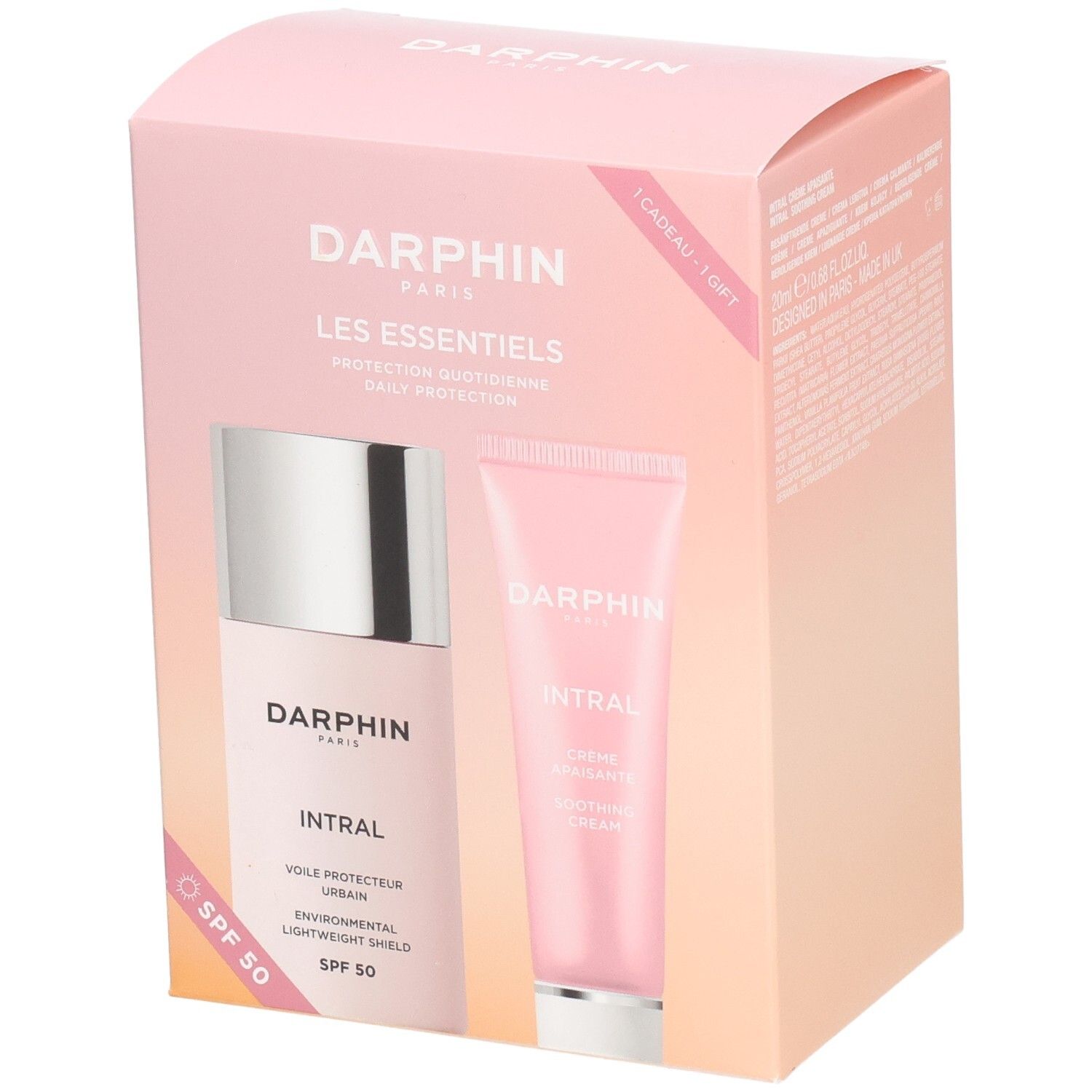 Coffret cadeau Darphin avec deux produits. Contient un flacon et un tube. Inscription : Intral, SPF 50.
