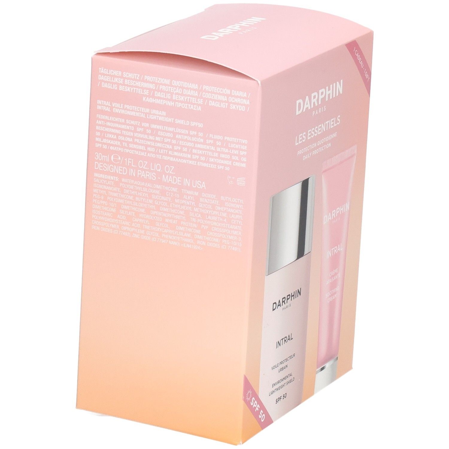 Dos du coffret cadeau Darphin. Texte multilingue. Contient des informations sur les produits.