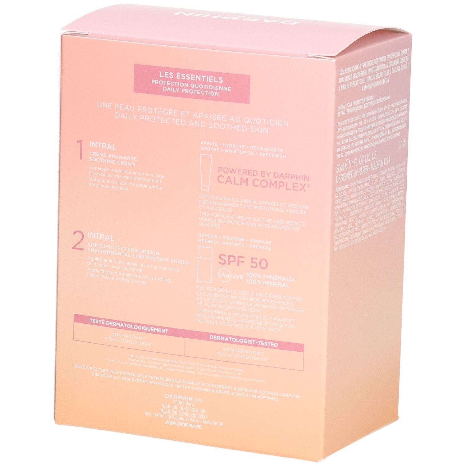 Dos du coffret cadeau Darphin. Texte multilingue. Contient des informations sur les produits.