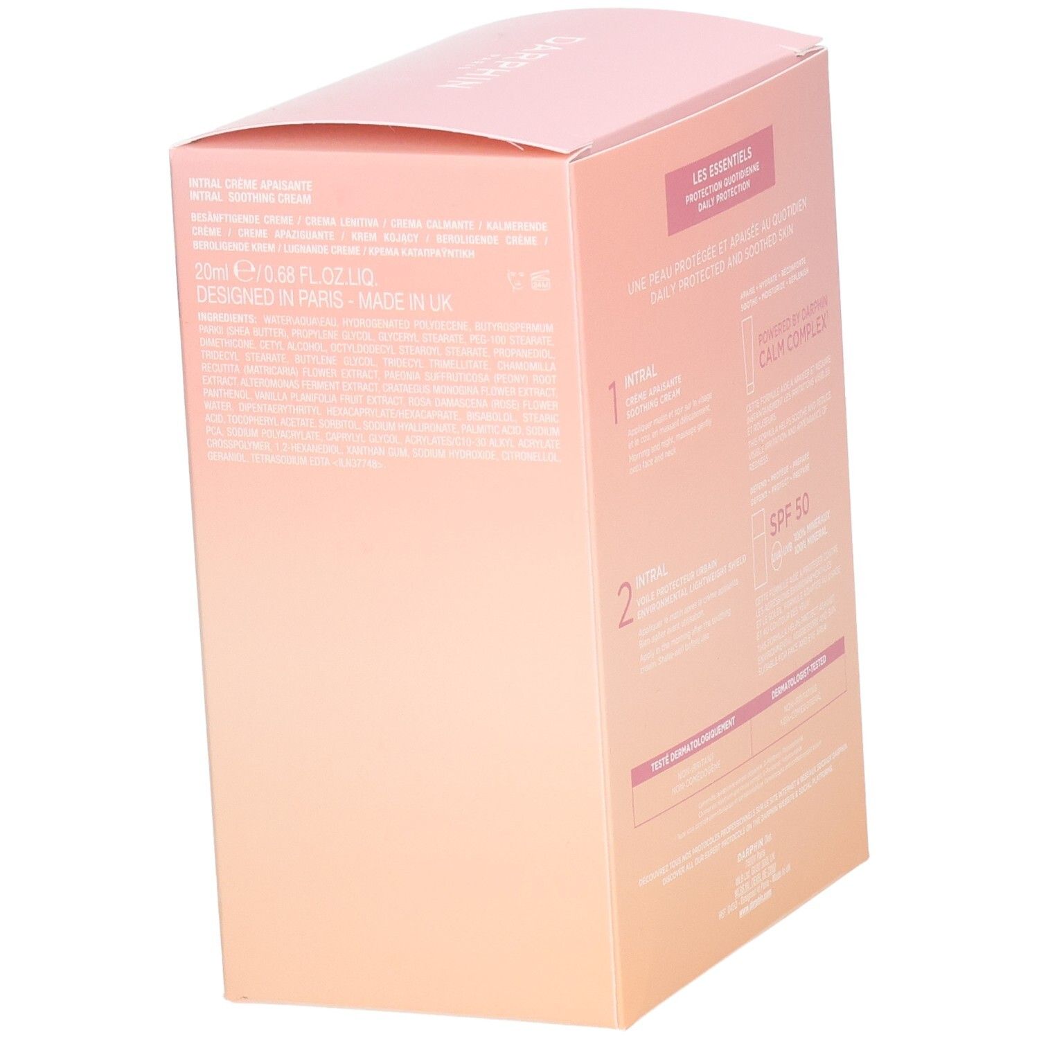 Dos du coffret cadeau Darphin. Texte multilingue. Contient des informations sur les produits.