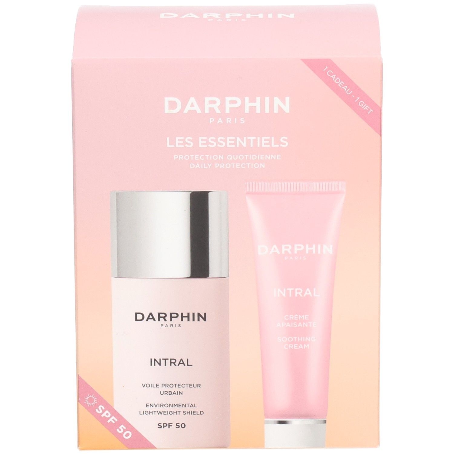 Coffret cadeau Darphin avec deux produits. Contient un flacon et un tube. Inscription : Intral, SPF 50.