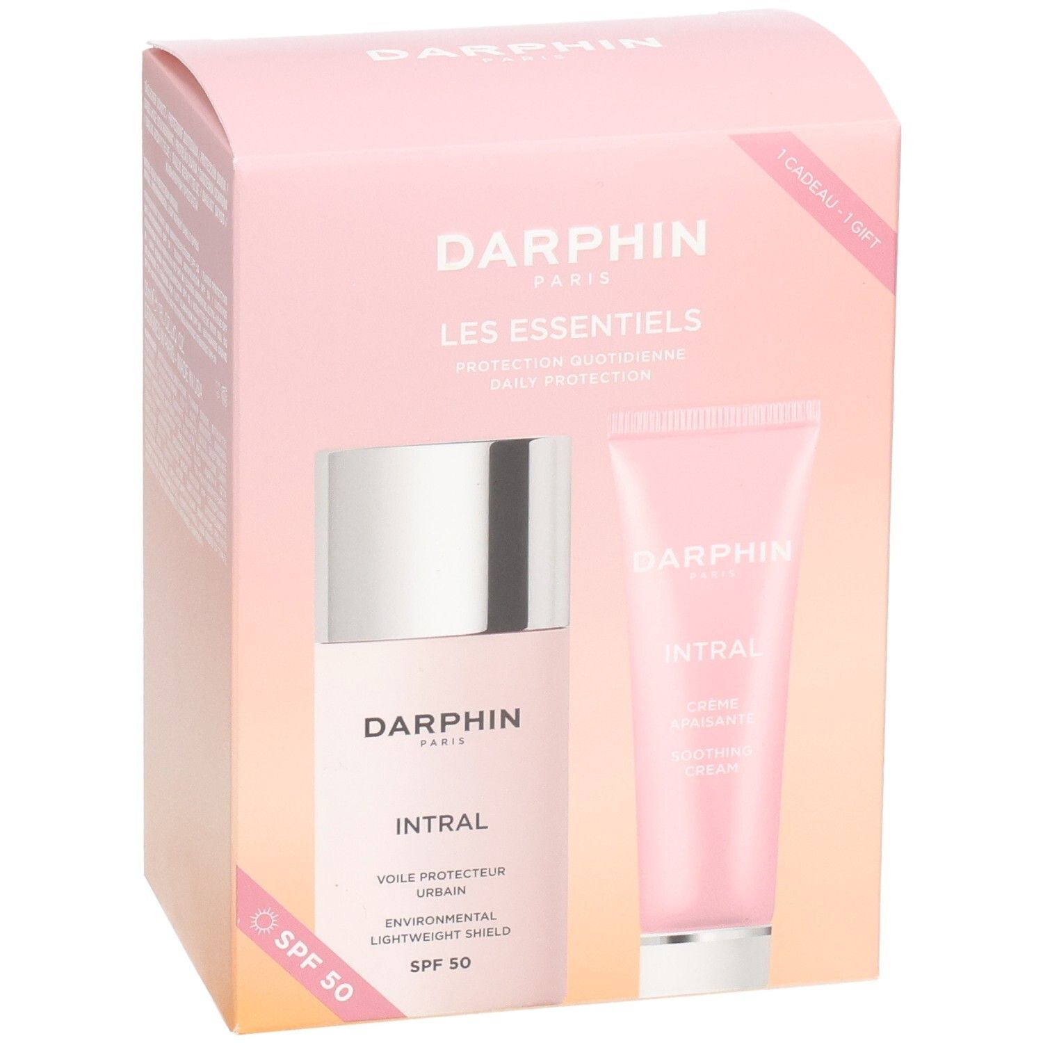 Coffret cadeau Darphin avec deux produits. Contient un flacon et un tube. Inscription : Intral, SPF 50.