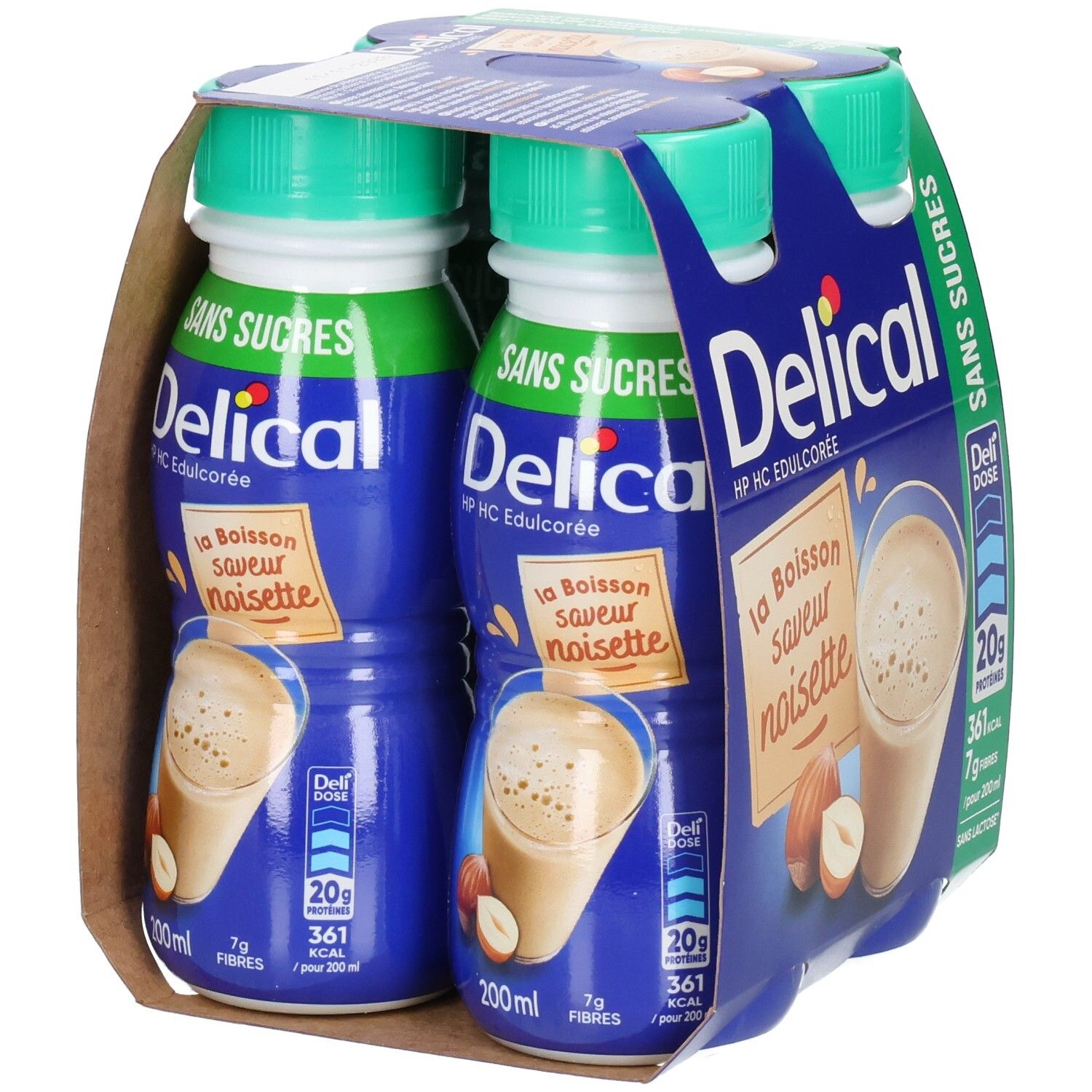 Deux bouteilles Delical Melkdrank Zonder Suiker Hazelnoot dans un emballage. Bouteilles bleues avec bouchons verts et étiquettes de produit.