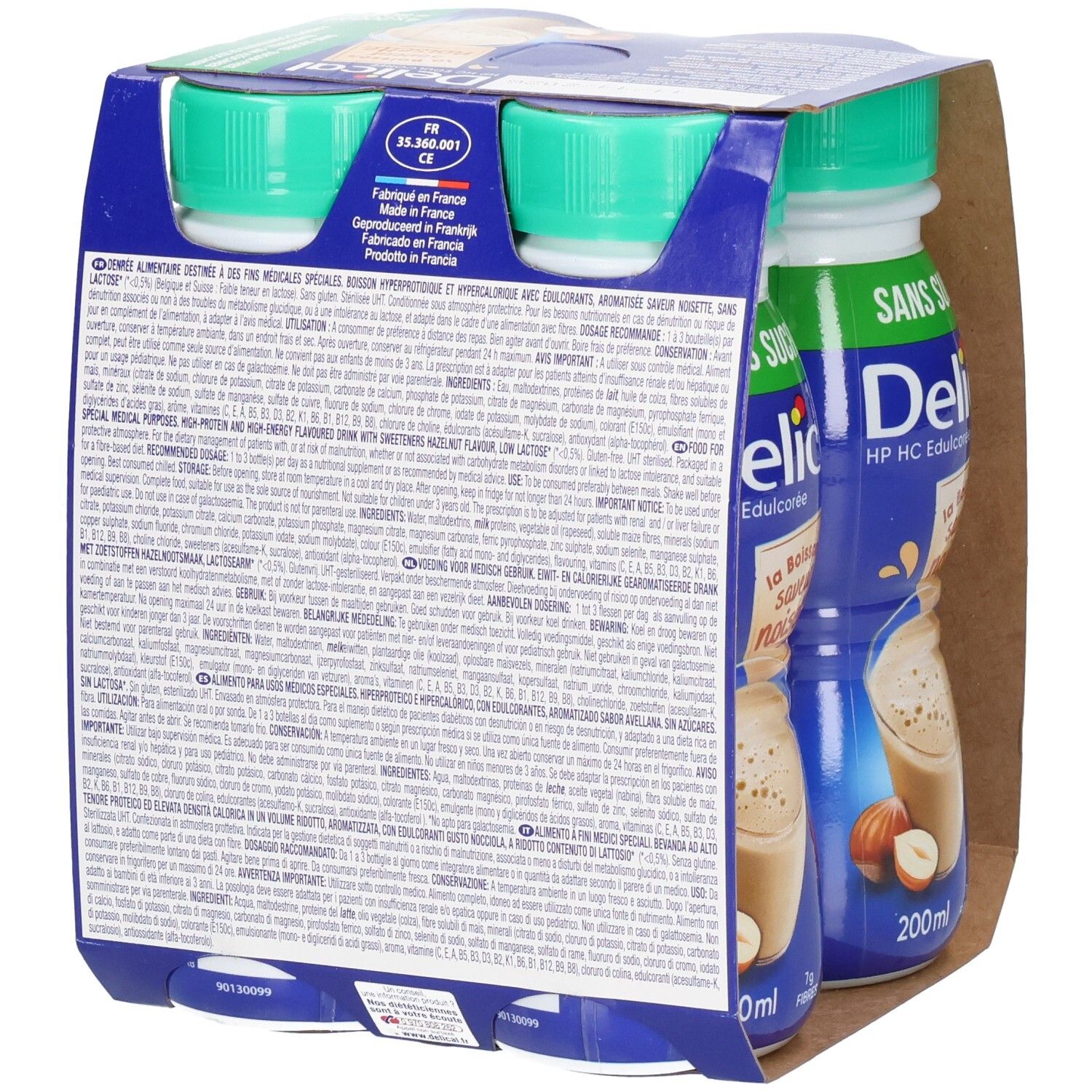 Dos de l'emballage de Delical Melkdrank Zonder Suiker Hazelnoot. Informations textuelles et informations nutritionnelles sur l'emballage.