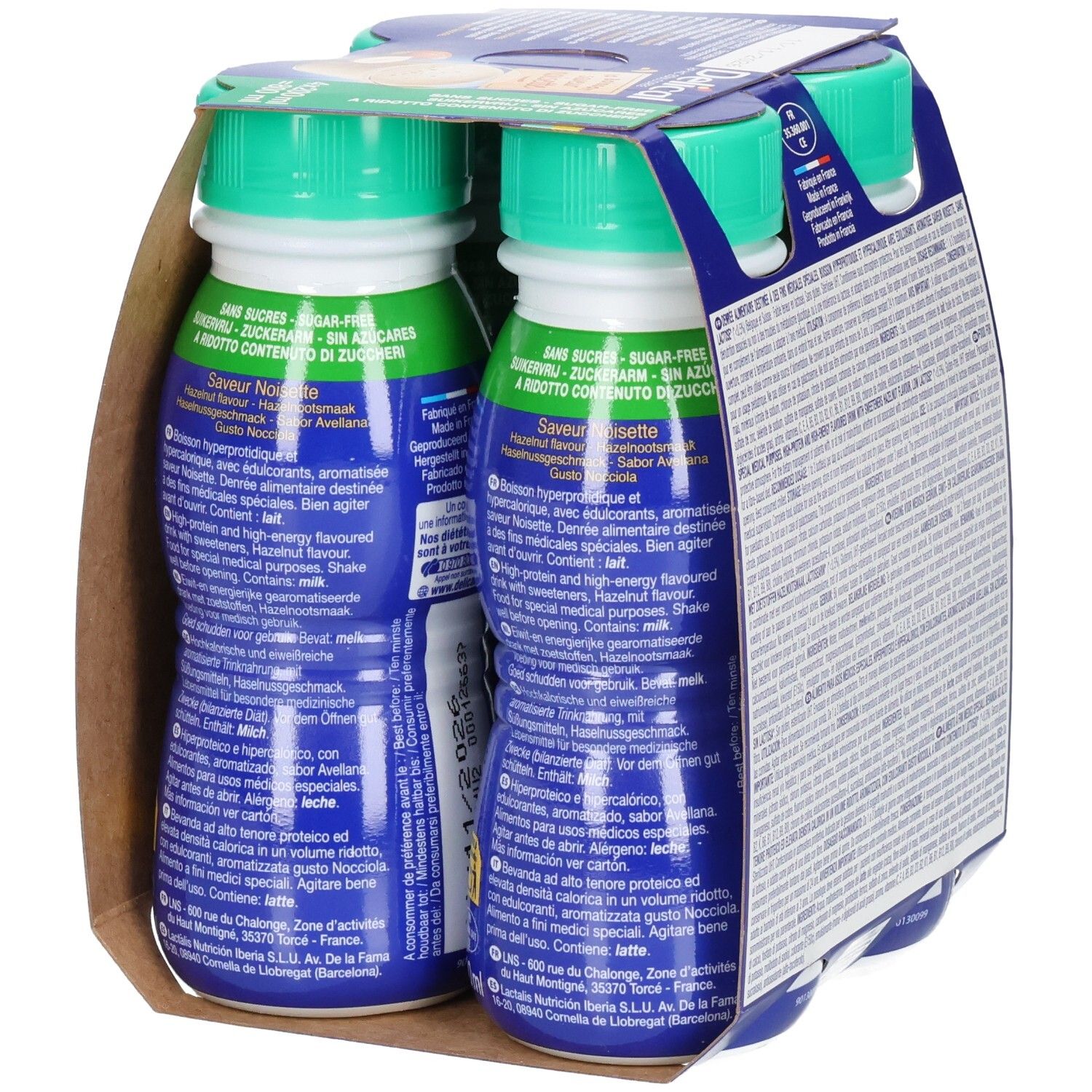 Dos de l'emballage de Delical Melkdrank Zonder Suiker Hazelnoot. Informations textuelles et nutritionnelles sur l'emballage.