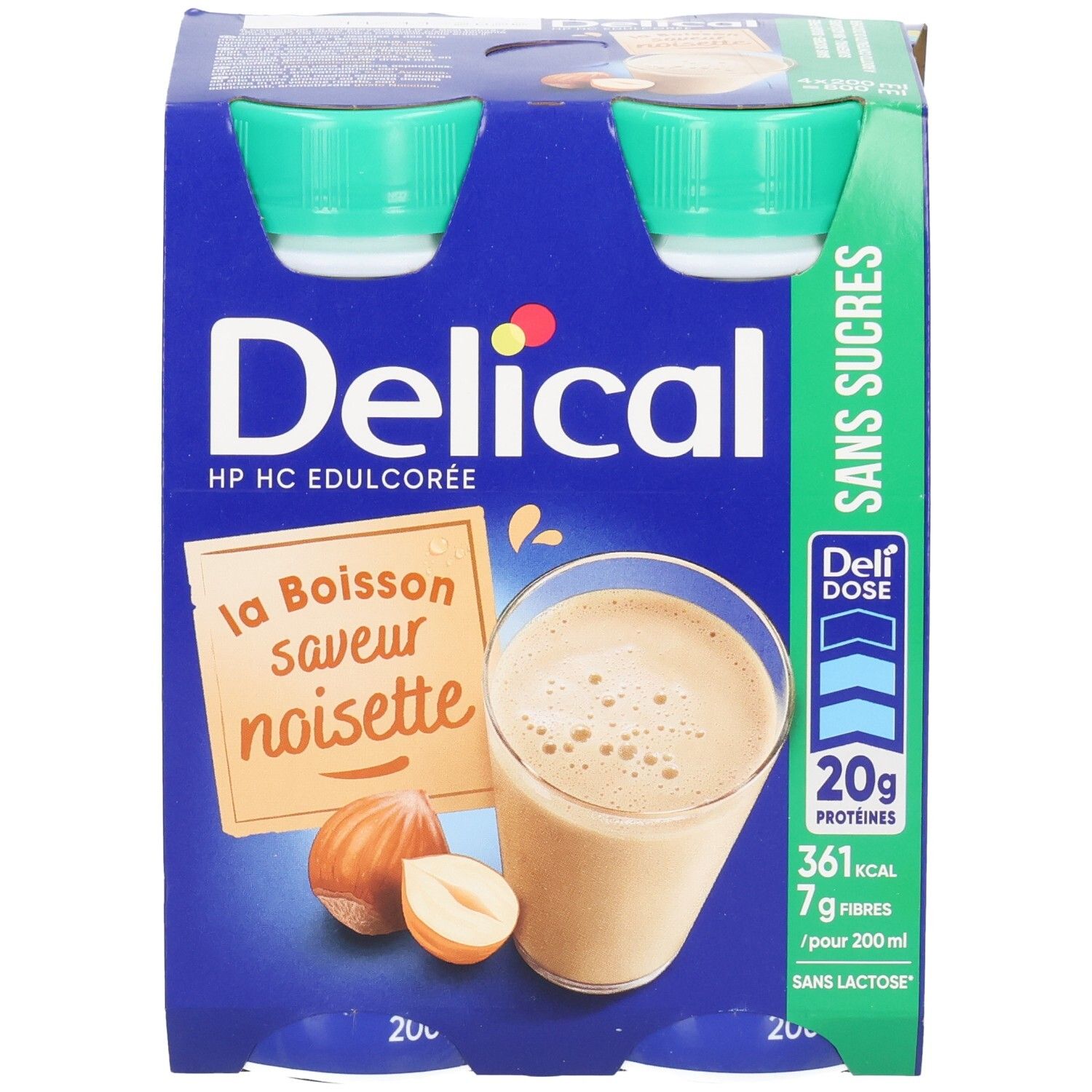 Emballage de deux bouteilles Delical Melkdrank Zonder Suiker Hazelnoot. Emballage bleu avec image du produit et informations nutritionnelles.