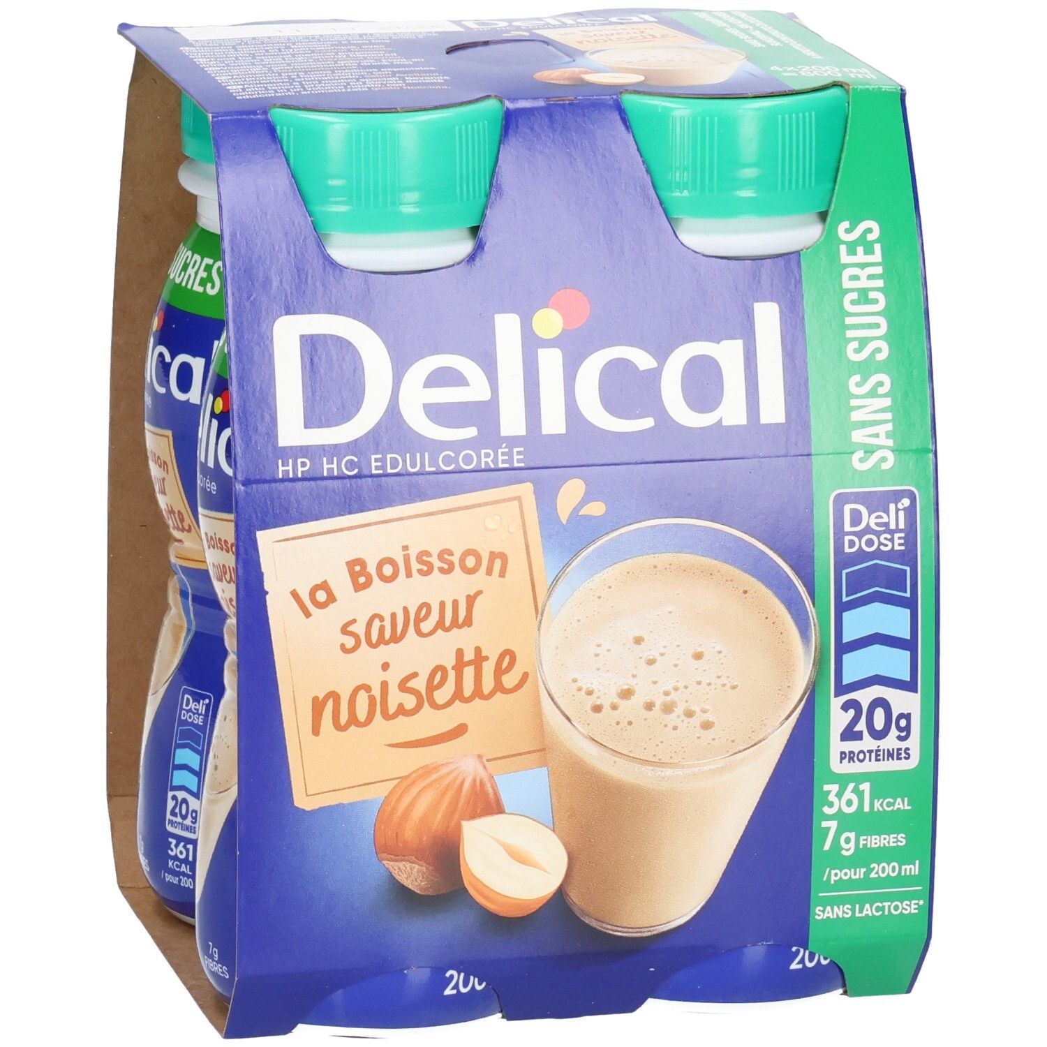 Emballage de deux bouteilles Delical Melkdrank Zonder Suiker Hazelnoot. Emballage bleu avec image du produit et informations nutritionnelles.